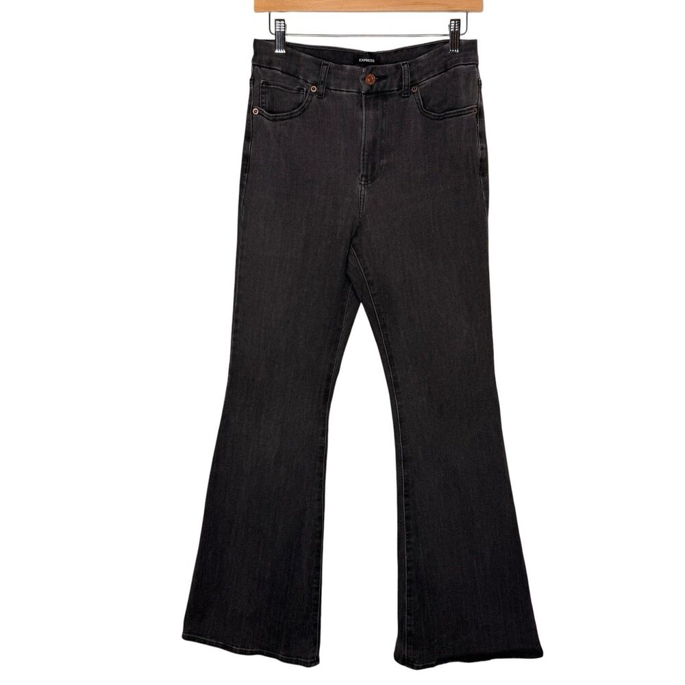Express Women’s Flare Jeans High Rise Ultra Hyper Stretch Gray Flexx 27 Elastic